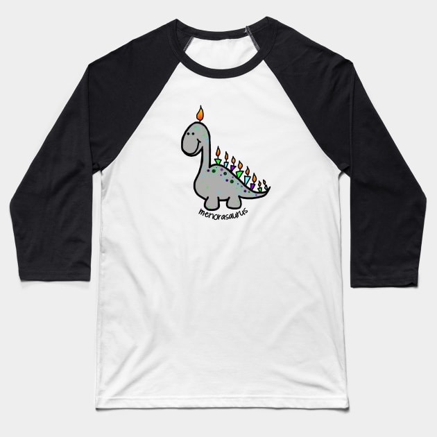 Hanukkah Dino Menorasaurus Baseball T-Shirt by Del Doodle Design